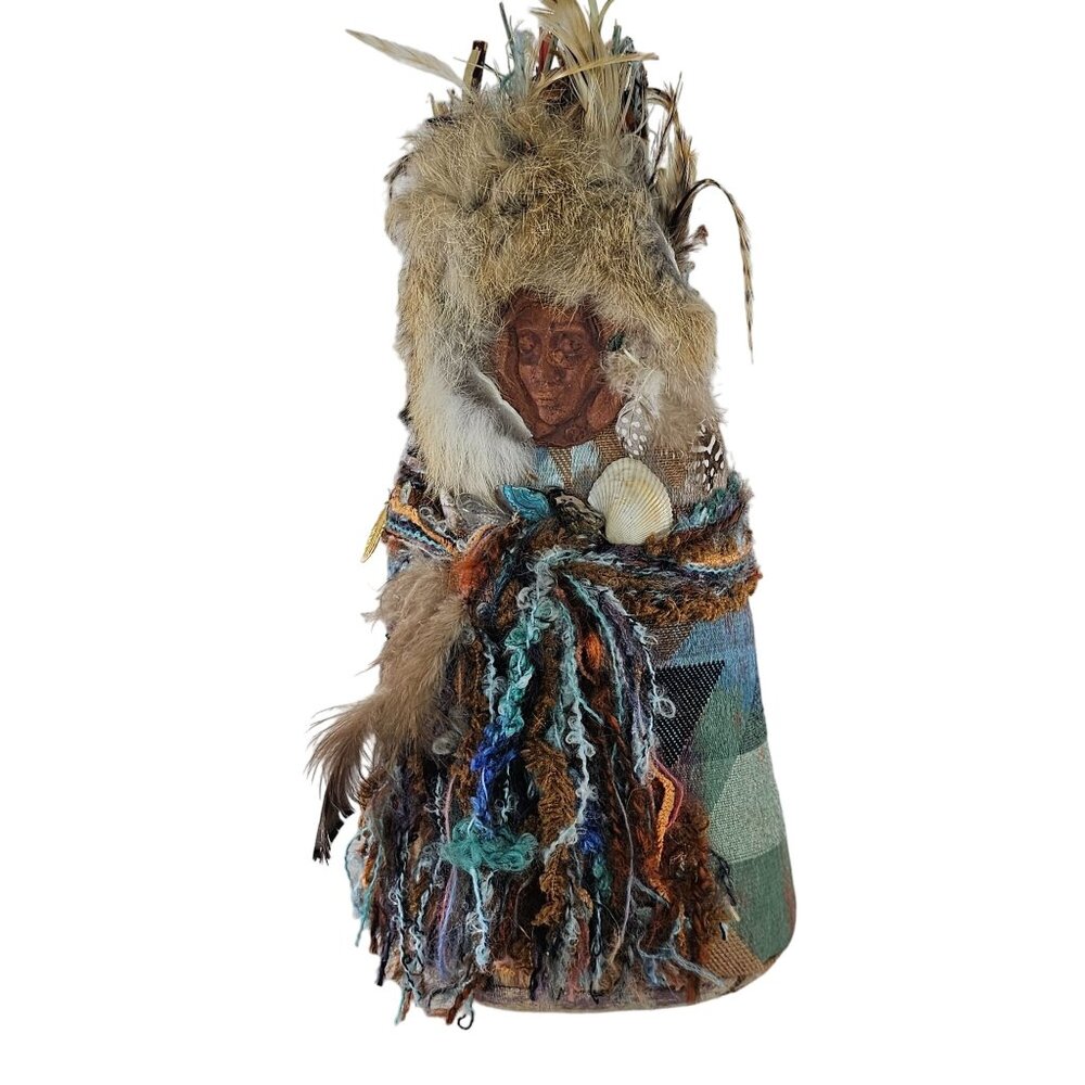 Handcrafted Nature Spirit Doll Witch Shaman Feathers Fur Shells Yarn Accents